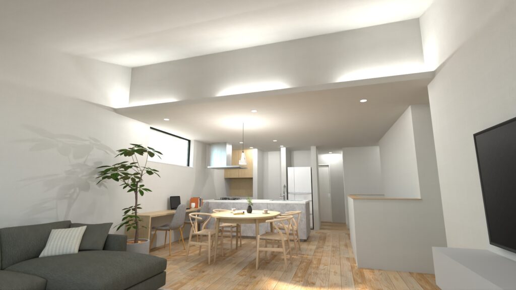 リビングの下り天井の間接照明が柔らかい雰囲気を創り出す